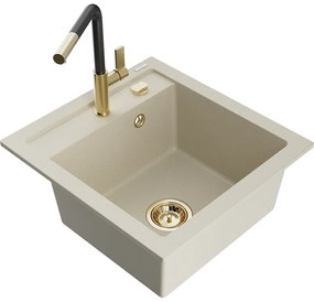 Mexen Vito, 1-komorový granitový drez 490x520x210 mm a drezová batéria Flora, béžová, 6503-69-670401-57-G
