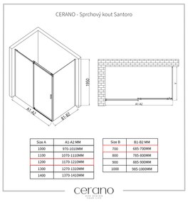 Cerano Santoro, sprchovací kút s posuvnými dverami 120(dvere) x 70(stena) x 195 cm, 6mm číre sklo, chrómový profil, CER-CER-425128