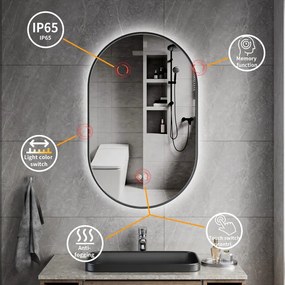 Erga Freya, oválne LED zrkadlo 50x80cm v čiernom kovovom ráme, 3 farby svetla, zadné osvetlenie, vyhrievacia podložka proti zapareniu, ERG-V01-FREYA-5080-BK