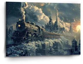 Sablio Obraz Parná lokomotíva v zasneženom meste - 90x60 cm