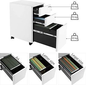 Kancelárska skrinka na dokumenty s kolieskami, kontajner so zámkom, biely