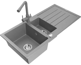 Mexen Andres, granitový drez 1000x500x200 mm, 1,5-komorový + šedá batéria Duero, šedá, 6515-71-671600-71