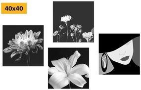Set obrazov elegancia ženy a kvetov v čiernobielom prevedení - 4x 40x40