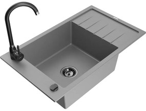 Mexen Elias, 1-komorový granitový drez s odkvapkávačom 795x480x200 mm a čierna matná kuchynská batéria Telma, šedá, 6511-71-670200-70-B