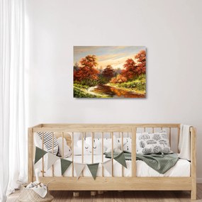 Sklenený obraz rieky v jesennej krajine, olejomaľba (70x50 cm)