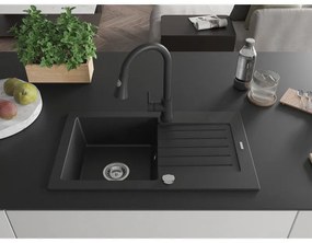 Mexen Pablo, 1-komorový granitový drez 752x436x161 mm a drezová batéria Elia, čierna, 6510-77-670101-70