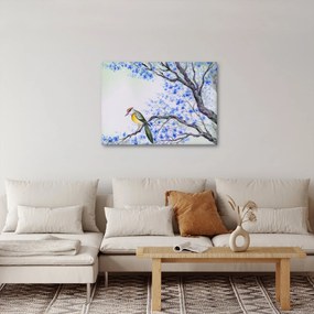 Obraz - Vtáčik na strome s modrými kvetmi (70x50 cm)
