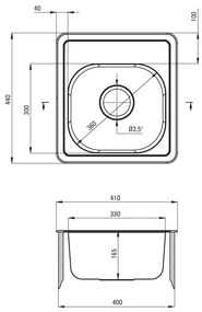 Deante Mercato, nerezový drez na dosku 1-komorový B/O 410x440x165 3,5" + sifón, vzor satyna, ZHM_0100