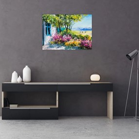 Sklenený obraz záhradky pred domom, olejomaľba (70x50 cm)