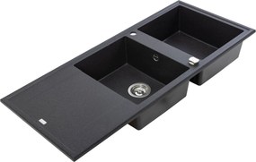 Laveo Megalo, 2-komorový granitový drez 1160x500x185 mm s dlhým odkvapávačom, čierna škvrnitá, LAV-SBE_721T