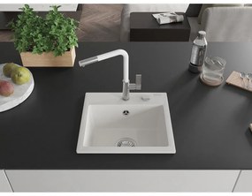 Mexen Milo, 1-komorový granitový drez 435x410x171 mm a drezová batéria Flora, biela, 6505-20-670401-02