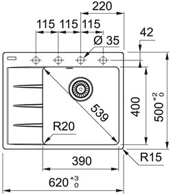 Franke Centro CNG 611-62 TL/2, 620x500 mm, fragranitový drez, Matná čierna 114.0637.495