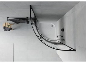 Mexen Rio, štvrťkruhový sprchovací kút s posuvnými dverami 90(dvere) x 90(dvere) x 190 cm, 6mm číre sklo s pásikmi, čierny profil + Rio sprchová vanička biela, 863-090-090-70-20-4710