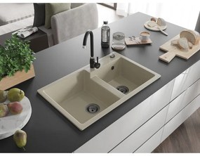 Mexen Tomas, granitový drez 800x500x190 mm, 2-komorový a čierna batéria Telma, béžová, 6516-69-670200-70