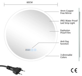 Erga Deam, okrúhle LED zrkadlo 60cm, 3 farby svetla, predné osvetlenie, vyhrievacia podložka proti zapareniu, ERG-V01-Deam-6060-CL