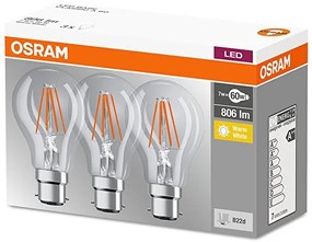 3PAK LED žiarovka B22d A60 6,5W = 60W 806lm 2700K Warm 360° Filament OSRAM