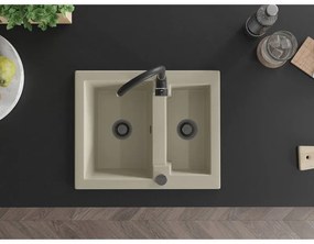 Mexen Carlos, granitový drez 582x475x177 mm, 1,5-komorový a čierna drezová batéria Telma, béžová, 6518-69-670200-70