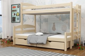 Detská poschodová posteľ z masívu borovice s rozšíreným spodným lôžkom SAVANA so šuplíkmi - 200x90/140 cm - PRÍRODNÁ BOROVICA