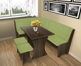 Nabytekmorava Jedálenská rohová lavica sa štokrlemi a stolom farba lamina: orech 729, čalúnenie vo farbe: Alova zelená