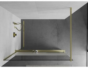 Mexen Kioto+, sprchová zástena Walk-In s poličkou a vešiakom 140 x 200 cm, 8mm číre sklo-námraza, zlatý matný profil, 800-140-121-55-35