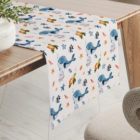 Biante Detský bavlnený behúň na stôl Sandra SA-660 Modré veľryby a morské zvieratká na bielom 20x120 cm