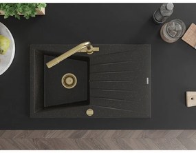 Mexen Cesar, granitový drez 775x470x190 mm, 1-komorový a zlatá batéria Duero, čierna - zlatá metalíza, 6514-75-671600-50