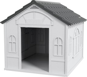 PawHut Psia búda Exteriérová 84,2x98,2x82 cm so vzorom okna a imitovanou dlaždicovou strechou pre veľkých psov Šedá a biela | Aosom