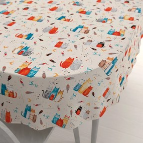 Biante Detský bavlnený oválny obrus Sandra SA-655 Mačací svet modro-červený na krémovom 50x100 cm