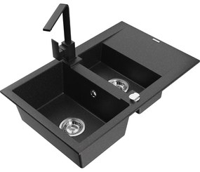 Mexen Gaspar, granitový drez 737x475x177 mm, 1,5-komorový a čierna batéria Rita, čierna-strieborná metalíza, 6507-73-670300-70