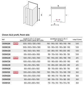 Mereo Lima, sprchovací kút 900x900 cm, obdĺžnik, štvorec, chróm ALU, sklo Point, MER-CK88622K