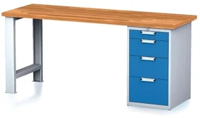 Alfa 3 Dielenský pracovný stôl MECHANIC I, pevná noha + dielenský box na náradie, 4 zásuvky, 2000 x 685 x 880 mm, modré dvere