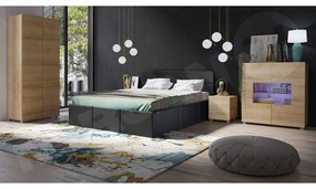 Spálňa Bralani XIX, Farby: dub zlatá, Dostupné poťahy: ekokoža Soft 011, Osvetlenie: osvetlenie LED modré