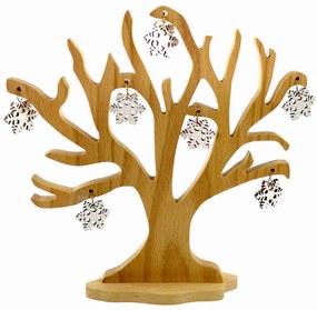 AMADEA Drevený 3D strom s vločkami, masívne drevo, výška 20 cm