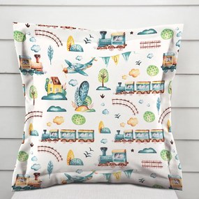 Biante Detská bavlnená obliečka na vankúš s lemom Sandra SA-659 Modré vláčiky s lietadielkami na bielom 50 x 60 cm