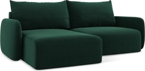 Tmavozelená zamatová rozkladacia/s úložným priestorom rohová pohovka (ľavý roh/s leňoškou) Kalena – Makamii