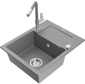 Mexen Enzo, 1-komorový granitový drez 576x465x174 mm a drezová batéria Flora, šedá, 6506-71-670401-06