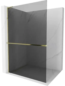 Mexen Kioto+ L, sprchová zástena Walk-In s poličkou a vešiakom 90 x 200 cm, 8mm šedé sklo, zlatý lesklý profil,800-090-123-50-40