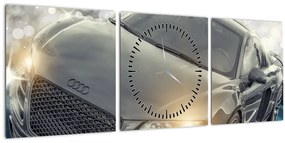 Obraz auta Audi - sivé (s hodinami) (90x30 cm)