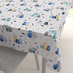Biante Detský bavlnený obdĺžnikový obrus Sandra SA-653 Mačací svet modrý na bielom 100x160 cm