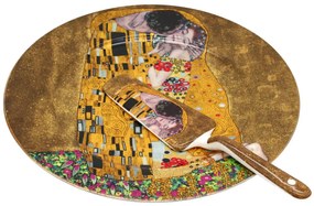 HOME ELEMENTS Porcelánový okrúhly tanier na tortu s lyžičkou, Bozk zlatý