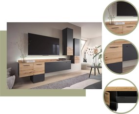 Obývacia stena s osvetlením Goul, tmavo šedá/dub evoke