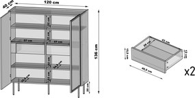 Dvojdverová vitrína Dunari 120 cm s ukrytými zásuvkami - dub dunin