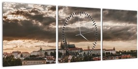 Obraz - zamračená Praha (s hodinami) (90x30 cm)