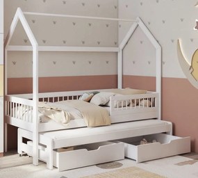 Detská domčeková posteľ z masívu borovice ASHER so šuplíkmi a prístelkou - 180x80 cm - biela