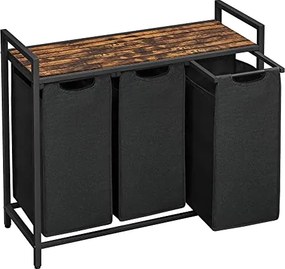 Kôš na bielizeň s policou BERGEN, 3x38l, čierna/hnedá SongmicsHome