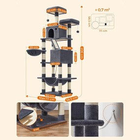 Mačací strom XL, so 13 škrabadlami, výška 206 cm, dymovo sivá farba