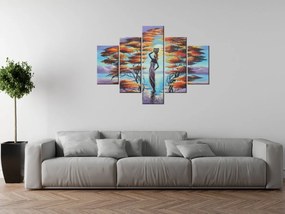 Gario Ručne maľovaný obraz Africká žena s košíkom - 5 dielny Rozmery: 150 x 70 cm