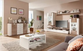 Široká komoda Caracas typ 21, dub/biely lesk, s osvetlením