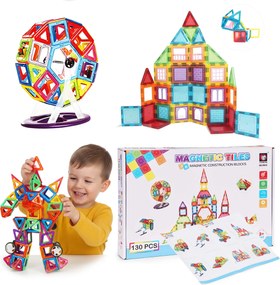 MULTISTORE Magnetická stavebnica 130 dielov – magnetické kocky 2D/3D, kolieska, šablóny, 3+