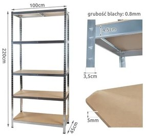JAKS KOVOVÝ BEZSKRUTKOVÝ REGÁL POZINK 220x100x45 CM, NOSNOSŤ 875 kg